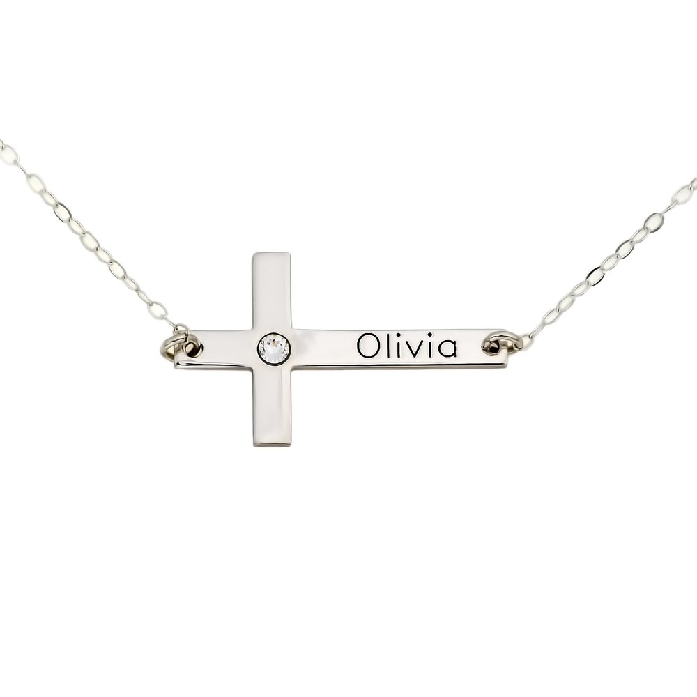 AJ's Collection Personalized Cross Necklace With Birthstone Setting. Upto 9 Characters. Choice of 925 Chain. Gifts for Her