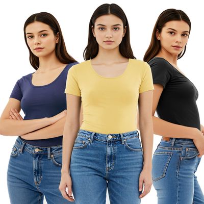 Emmalise Women's Short Sleeve Tshirt Scoop Neck Tee Value Set (3Pk, Blk, Navy, Yolk Yellow, Small)