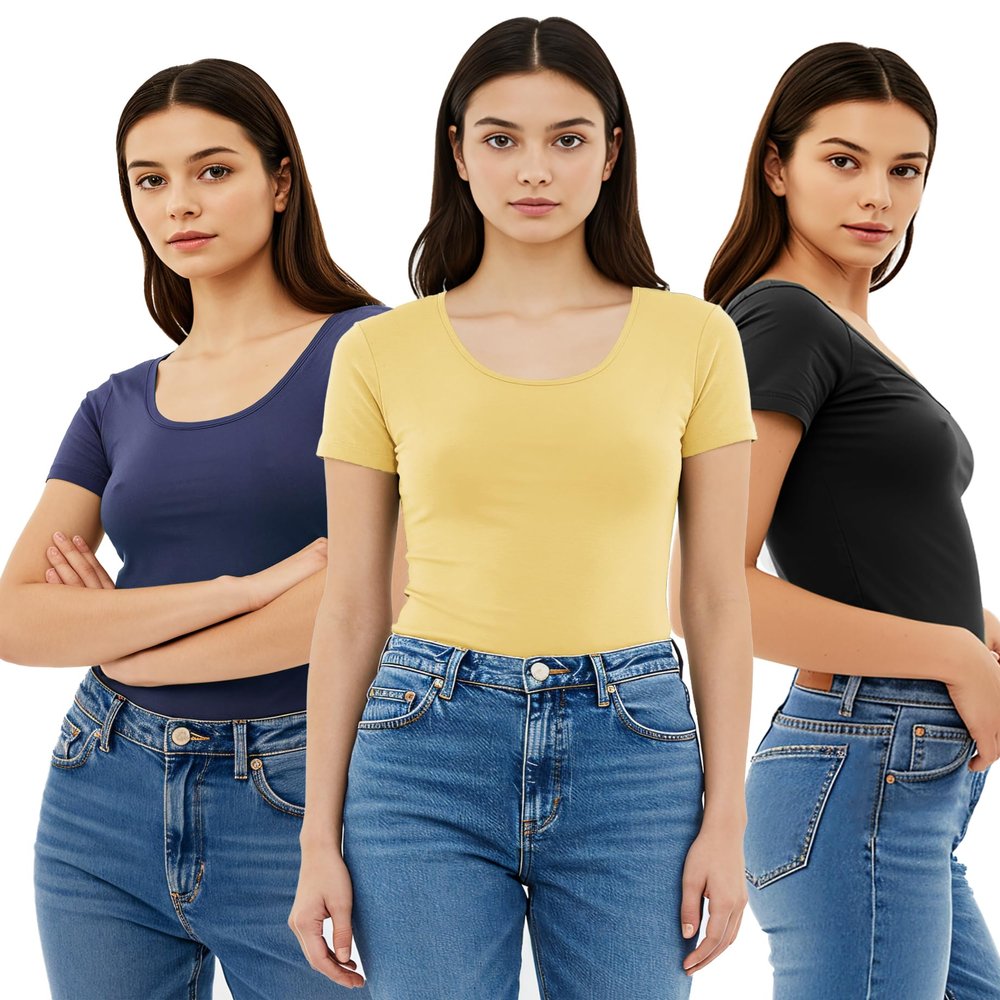 Emmalise Women's Short Sleeve Tshirt Scoop Neck Tee Value Set (3Pk, Blk, Navy, Yolk Yellow, Small)