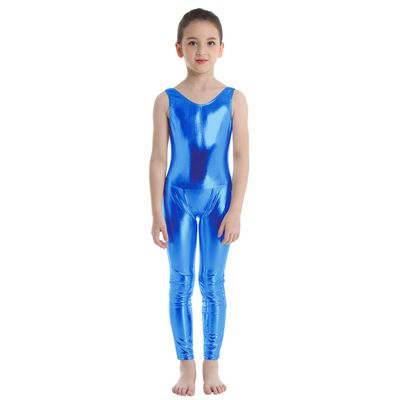 dPois Kids Girls Metallic Sleeveless Full Unitard Body Jumpsuit Gymnastics Leotard Dance Perfomance Costume Blue 3-4
