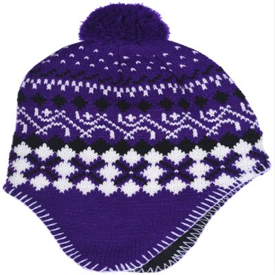 Girl's Winter Knit Hat with Ear Flaps and Pom in Purple Black Combination (Purple Black)