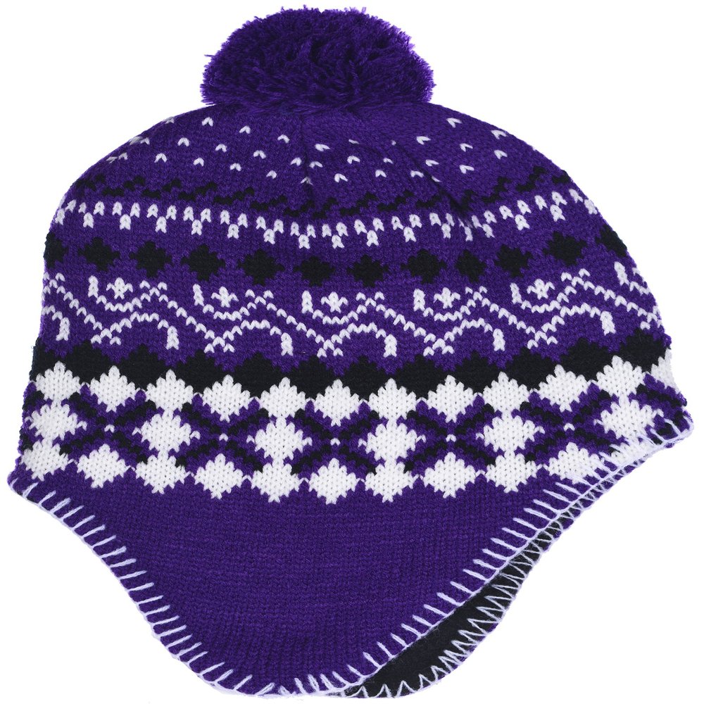 Girl's Winter Knit Hat with Ear Flaps and Pom in Purple Black Combination (Purple Black)