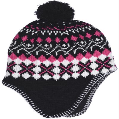 Girl's Winter Knit Hat with Ear Flaps and Pom in Pink Black Combination (Black Pink)