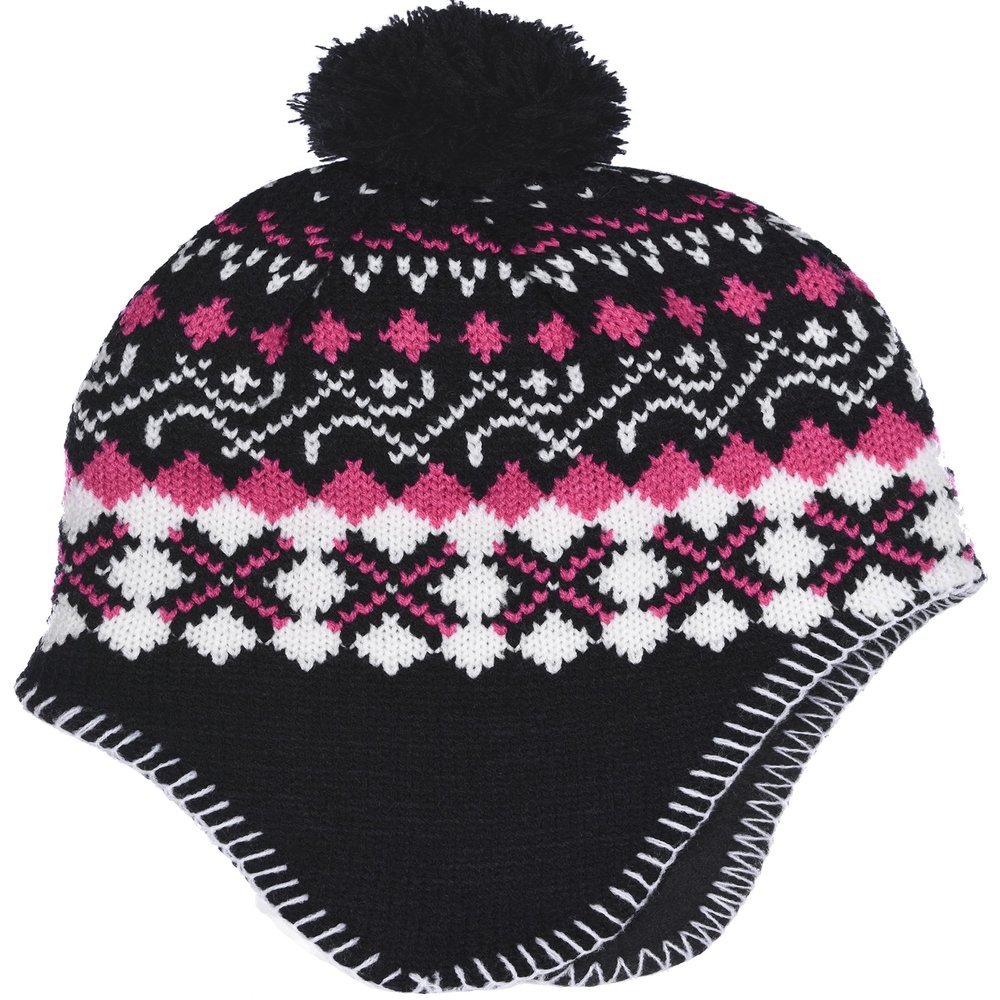 Girl's Winter Knit Hat with Ear Flaps and Pom in Pink Black Combination (Black Pink)