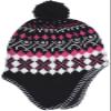 Girl's Winter Knit Hat with Ear Flaps and Pom in Pink Black Combination (Black Pink) view 1