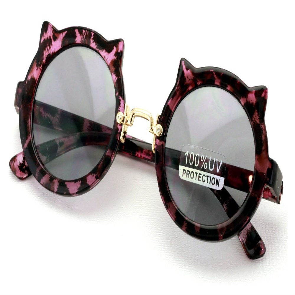 V.W.E. Kids sunglasses - Girl Round Circular kitty Cat Ages 2 to 8 years old - 100% UV Protection (Purple)