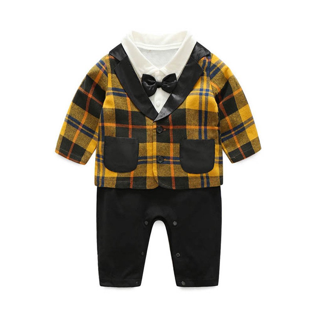 Moyikiss Studio Baby Boy Outfits Set Cotton Long Sleeves Gentleman Jumpsuit with Bow Tie & Plaid Coat 2Pcs (Yellow, 70/0-9Months)