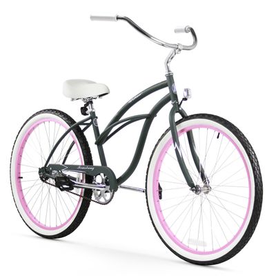 Firmstrong Urban Lady Single Speed 26" Beach Cruiser Bicycle, Army Green/Pink Rims w/ White Seat