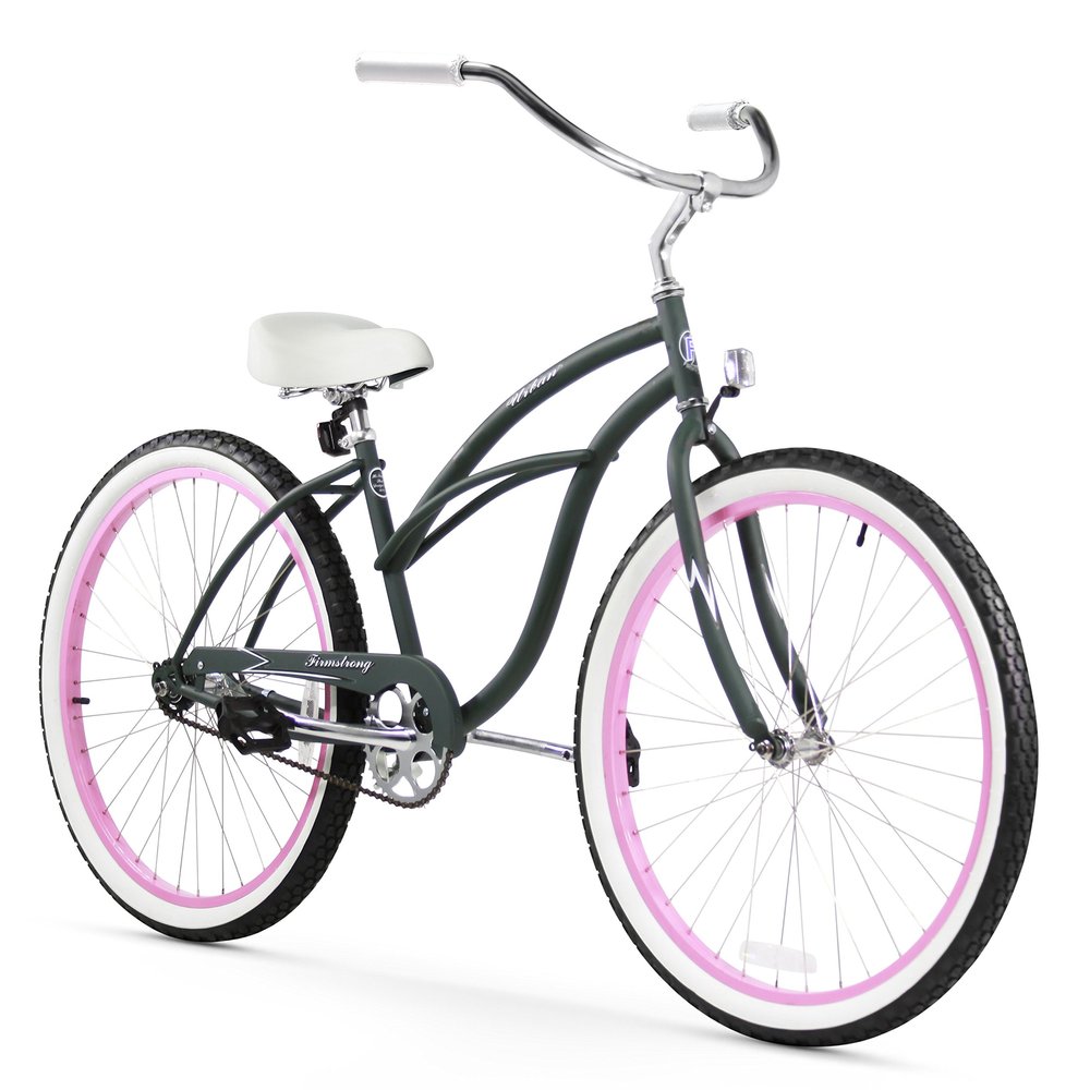 Firmstrong Urban Lady Single Speed 26" Beach Cruiser Bicycle, Army Green/Pink Rims w/ White Seat