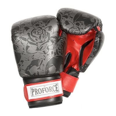 ProForce Leatherette Boxing Gloves with White Palm (Black Skull w/Roses, 12 oz.)