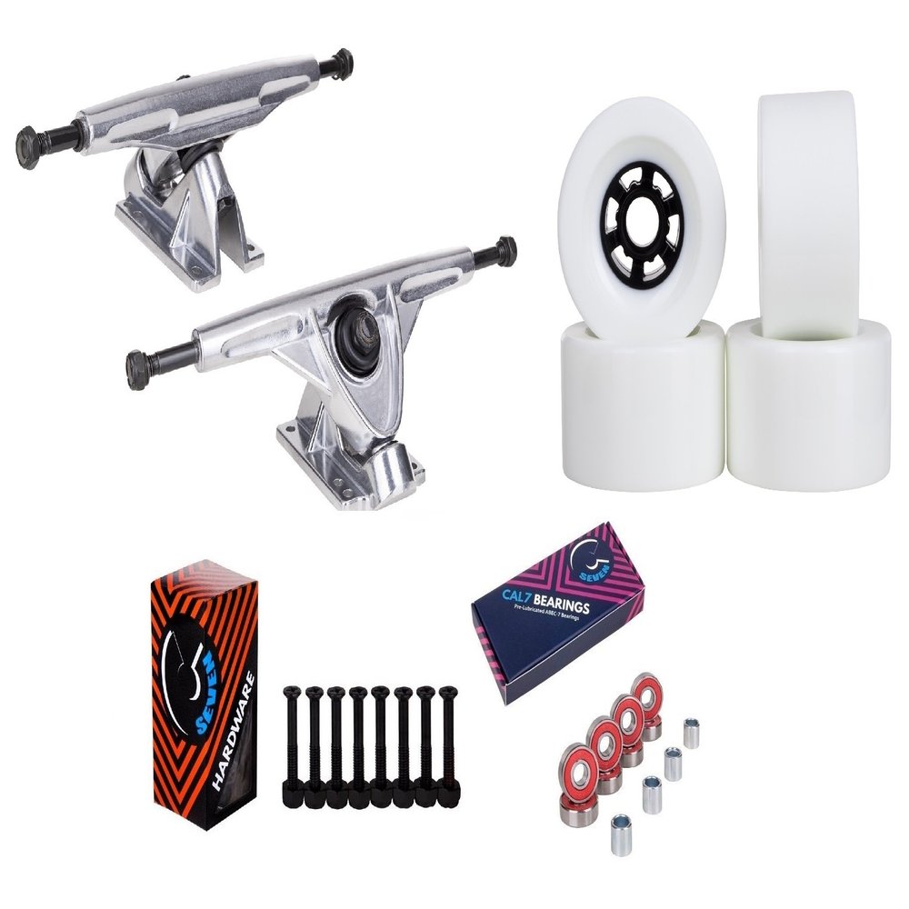 Cal 7 Longboard Flywheel 10.75" Axle Silver Truck Bearing 90mm White Skateboard Wheels