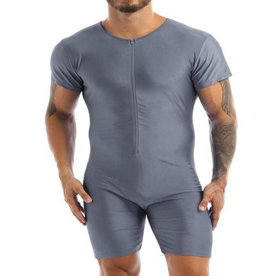 ACSUSS Men's Spandex Zipper Front Bodysuit Workout Dance Biketard Unitard Wrestling Singlet Jumpsuit Gray X-Large