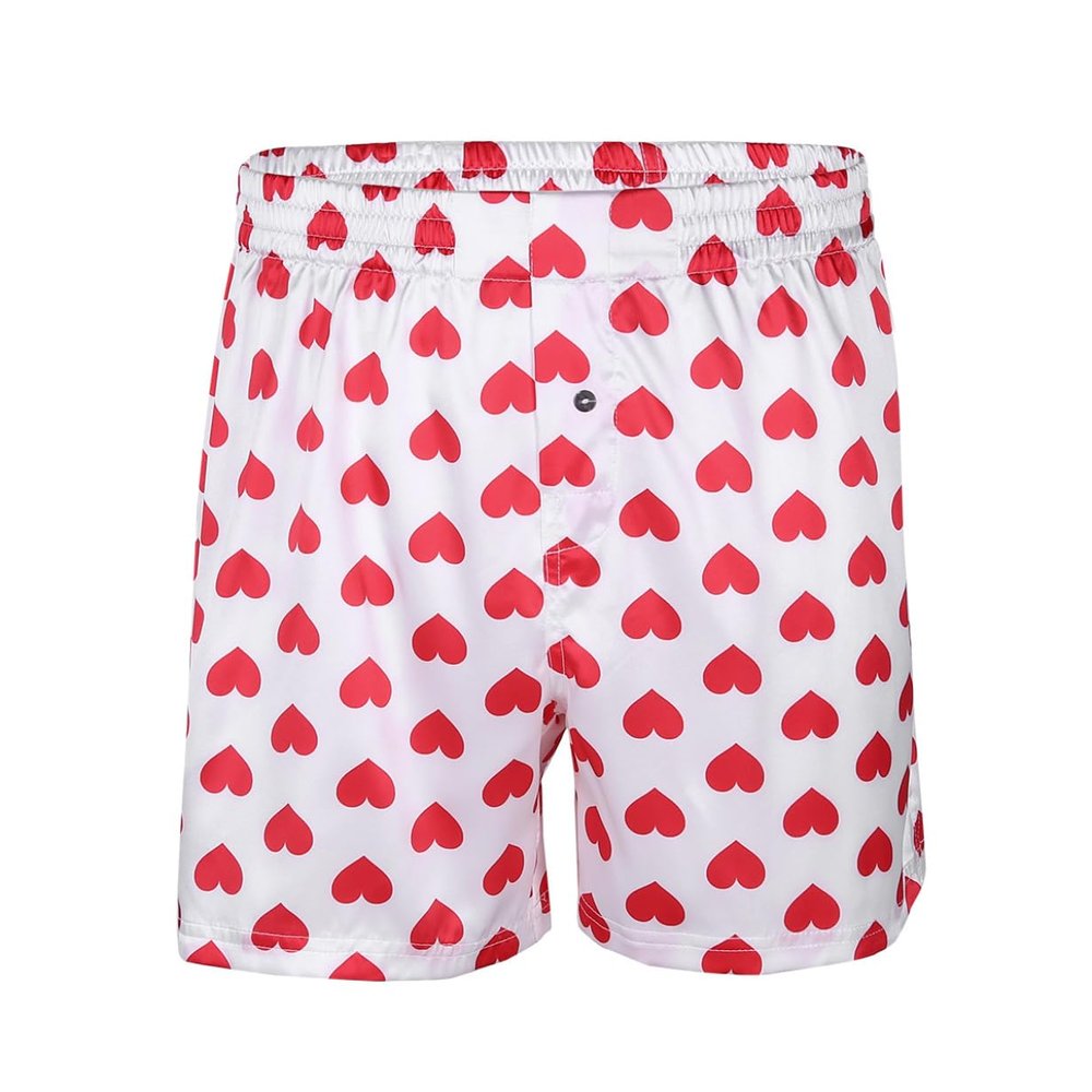 ACSUSS Men Adults Frilly Satin Boxers Shorts Silk Summer Sleep Bottom Underwear for Valentines Day Heart Print White Medium