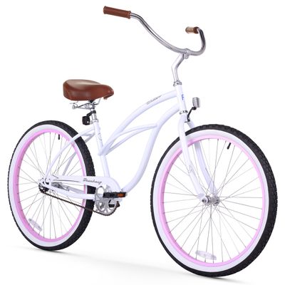 Firmstrong Urban Lady Single Speed 26" Beach Cruiser Bicycle, White/Pink Rims w/ Brown Seat