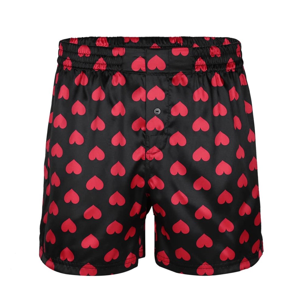 ACSUSS Men Adults Frilly Satin Boxers Shorts Silk Summer Sleep Bottom Underwear for Valentines Day Heart Print Black Large