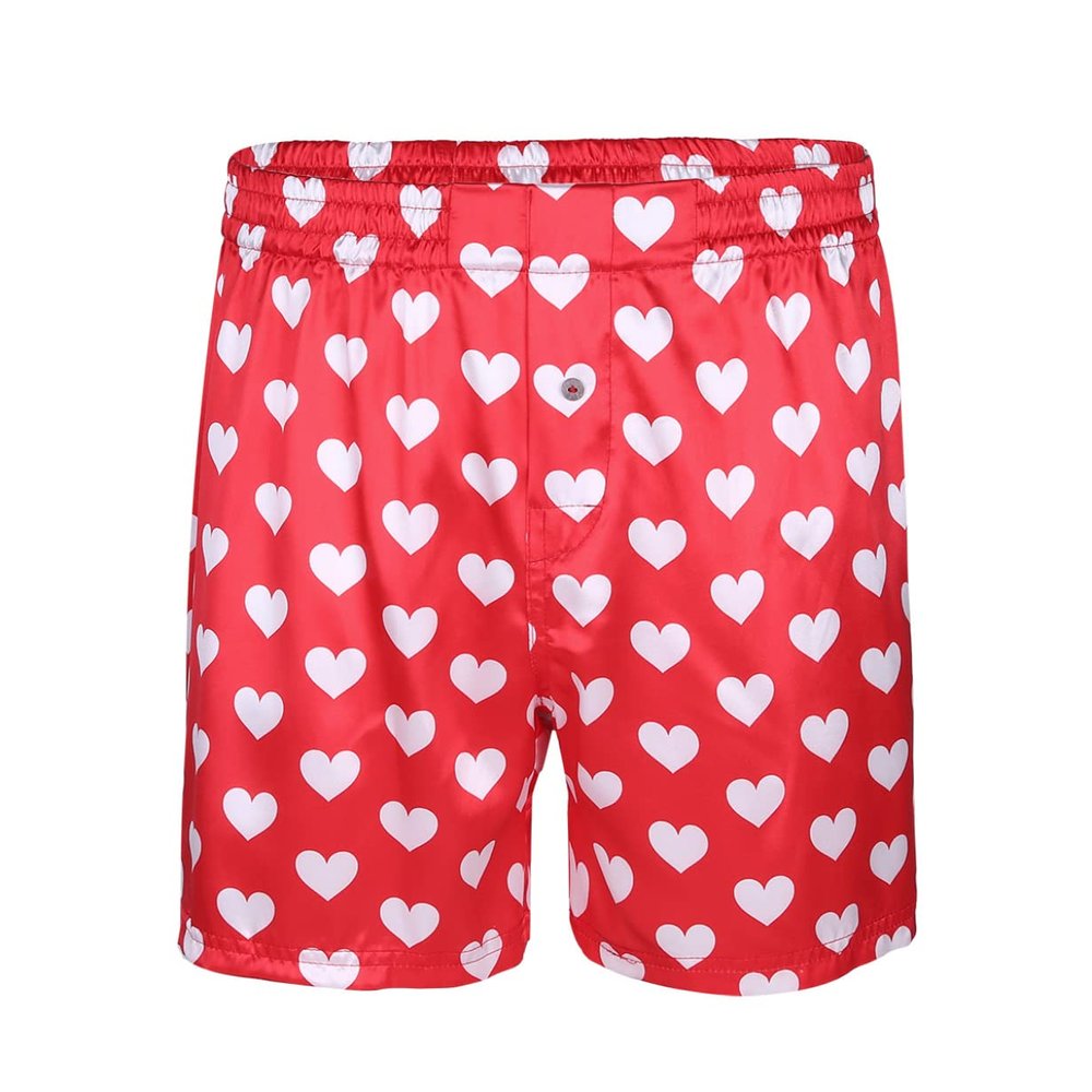 ACSUSS Men Adults Frilly Satin Boxers Shorts Silk Summer Sleep Bottom Underwear for Valentines Day Heart Print Red Large