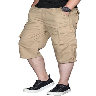 sandbank Mens Long Shorts Elastic Waist Cargo Shorts Below Knee Capri Pants 6 Pockets(Khaki, Waist:30-32 inch)
