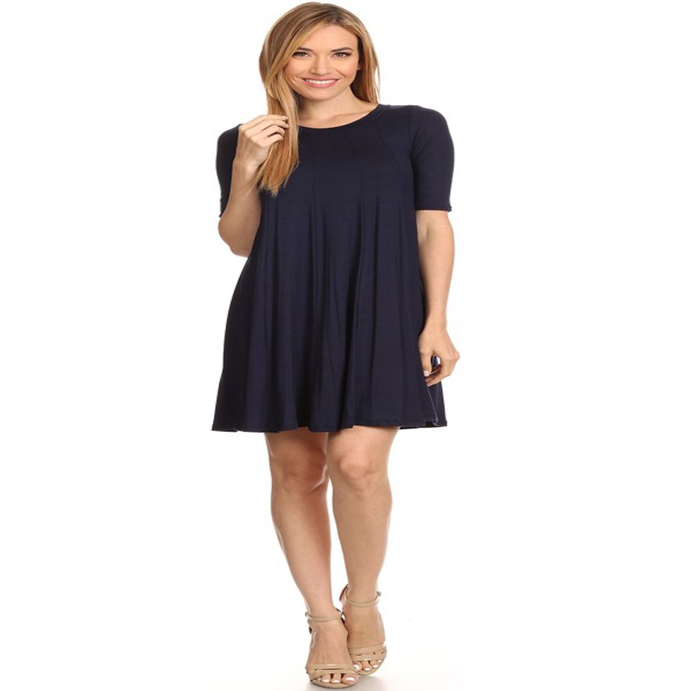 Casual Solid Half Sleeve Loose Fit A-line Knee Length Dress/Made in USA Navy L