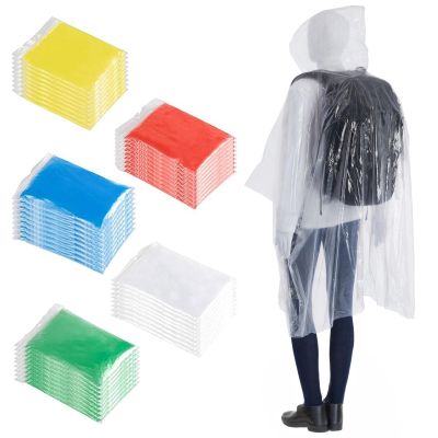 Juvale Disposable Rain Ponchos for Adults - Packable Travel Poncho - Waterproof Hooded Design - Festival Essentials - 50 Pack, 50 x 40 in, Rainbow & Clear