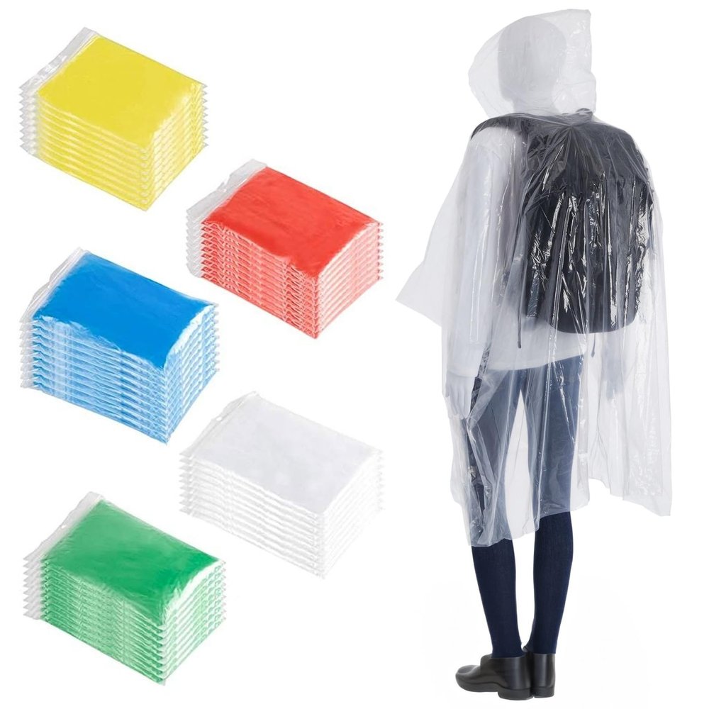 Juvale Disposable Rain Ponchos for Adults - Packable Travel Poncho - Waterproof Hooded Design - Festival Essentials - 50 Pack, 50 x 40 in, Rainbow & Clear
