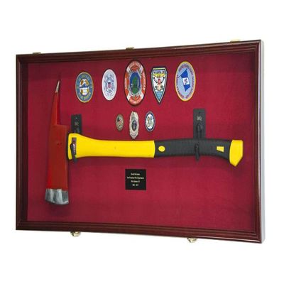 sfDisplay.com,LLC. Firefighter Fireman Axe Display Case Cabinet Holder - 98% UV Lockable (Cherry Wood Finish, Red Background)
