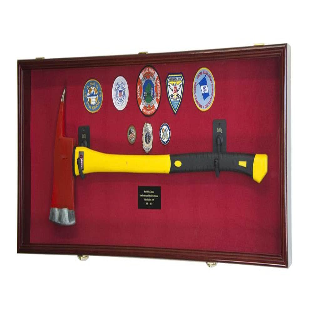 sfDisplay.com,LLC. Firefighter Fireman Axe Display Case Cabinet Holder - 98% UV Lockable (Cherry Wood Finish, Red Background)