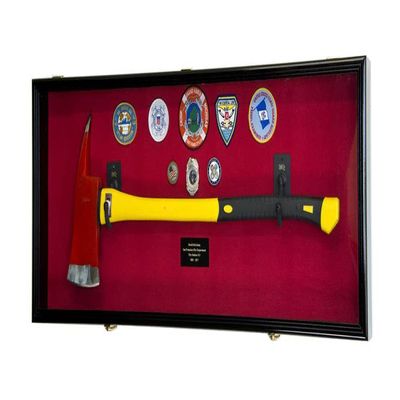 sfDisplay.com,LLC. Firefighter Fireman Axe Display Case Cabinet Holder - 98% UV Lockable (Black Wood Finish, Red Background)