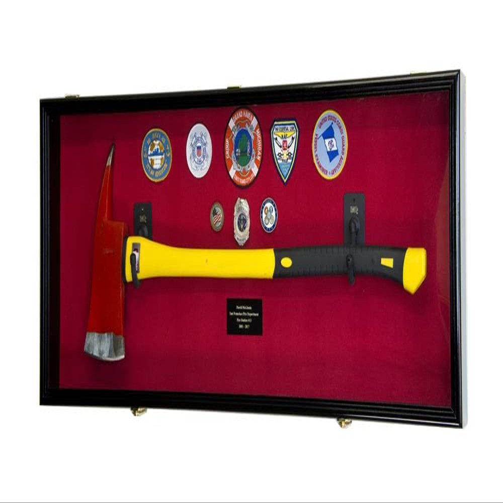 sfDisplay.com,LLC. Firefighter Fireman Axe Display Case Cabinet Holder - 98% UV Lockable (Black Wood Finish, Red Background)
