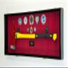 sfDisplay.com,LLC. Firefighter Fireman Axe Display Case Cabinet Holder - 98% UV Lockable (Black Wood Finish, Red Background) view 2