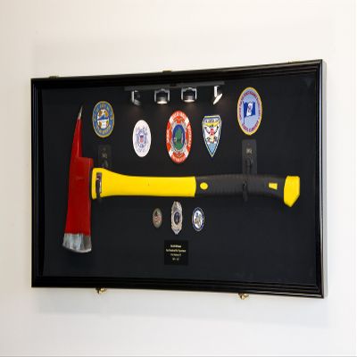 sfDisplay.com,LLC. Firefighter Fireman Axe Display Case Cabinet Holder - 98% UV Lockable (Black Wood Finish, Black Background +Lights)