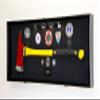 sfDisplay.com,LLC. Firefighter Fireman Axe Display Case Cabinet Holder - 98% UV Lockable (Black Wood Finish, Black Background +Lights) view 2