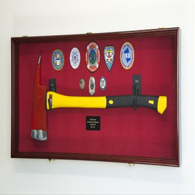 sfDisplay.com,LLC. Firefighter Fireman Axe Display Case Cabinet Holder - 98% UV Lockable (Cherry Wood Finish, Red Background + Lights)
