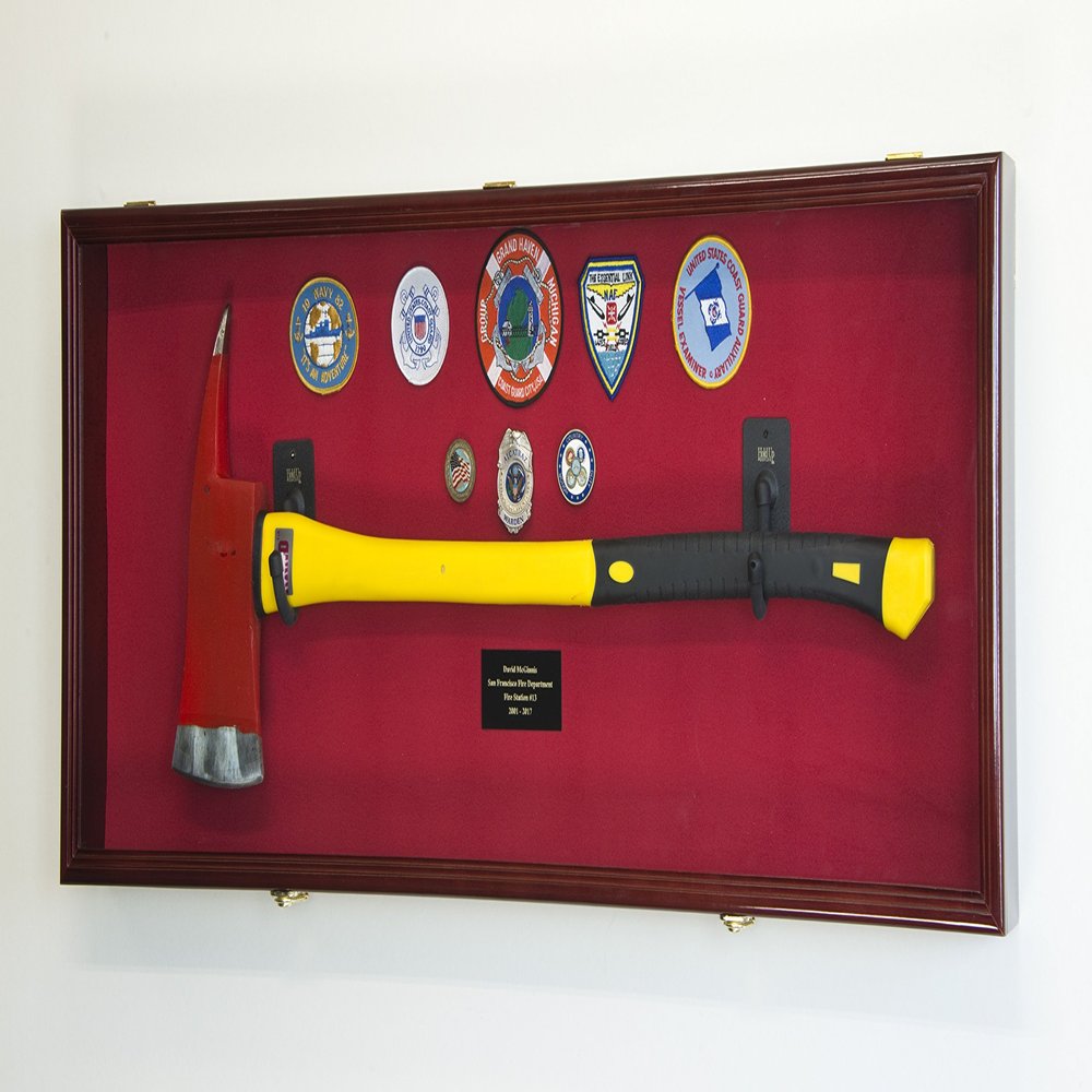 sfDisplay.com,LLC. Firefighter Fireman Axe Display Case Cabinet Holder - 98% UV Lockable (Cherry Wood Finish, Red Background + Lights)