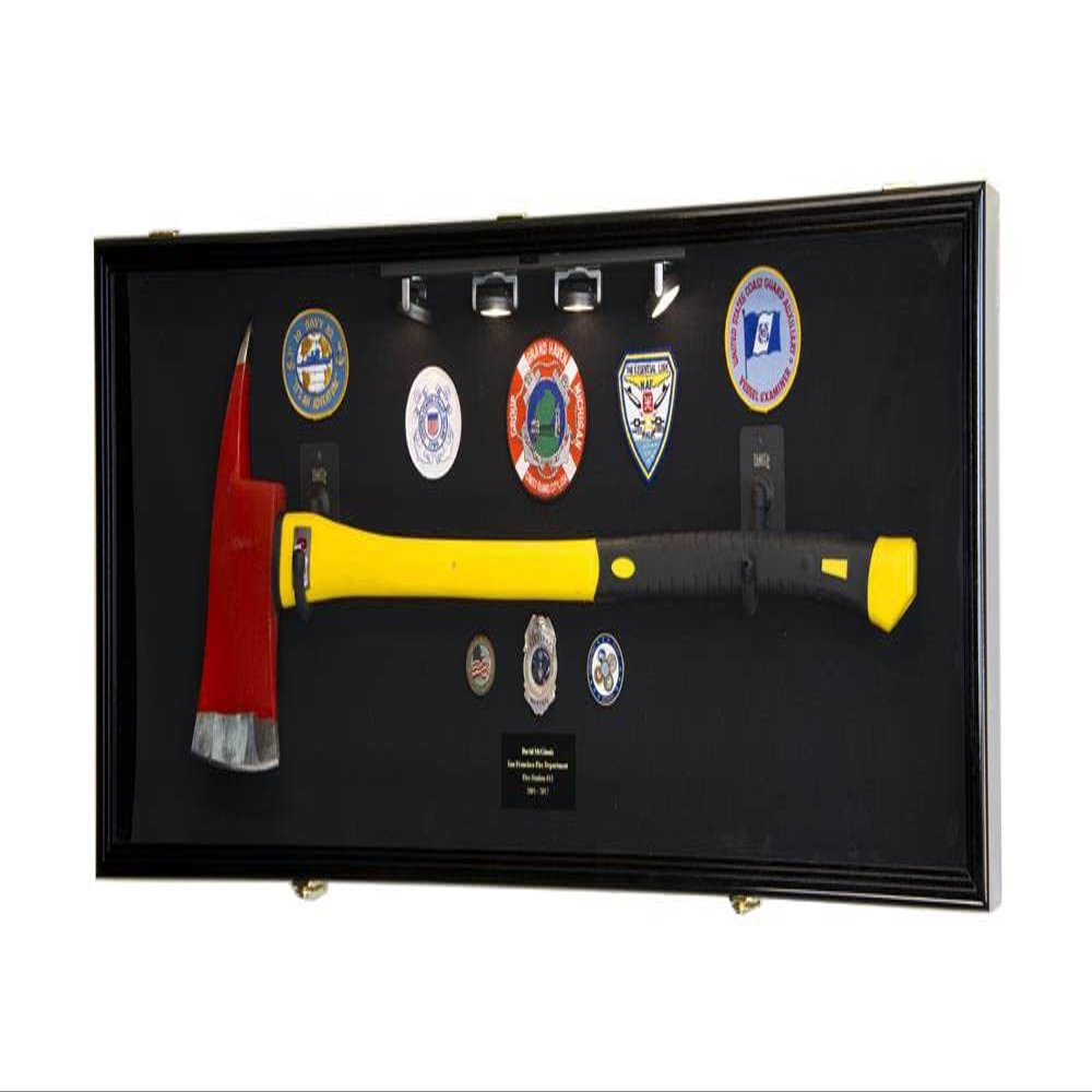 sfDisplay.com,LLC. Firefighter Fireman Axe Display Case Cabinet Holder - 98% UV Lockable (Black Wood Finish, Black Background)
