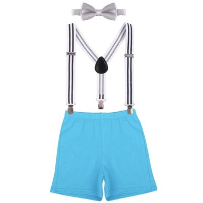 Baby Boys First Birthday Adjustable Y Back Elastic Clip Suspenders Cake Smash Outfit Tuxedo Pre-tied Bloomers Bowtie set Z# Blue+Stripe