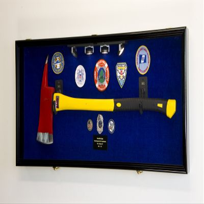 sfDisplay.com,LLC. Firefighter Fireman Axe Display Case Cabinet Holder - 98% UV Lockable (Black Wood Finish, Blue Background)