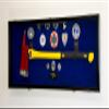 sfDisplay.com,LLC. Firefighter Fireman Axe Display Case Cabinet Holder - 98% UV Lockable (Black Wood Finish, Blue Background) view 1