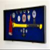 sfDisplay.com,LLC. Firefighter Fireman Axe Display Case Cabinet Holder - 98% UV Lockable (Black Wood Finish, Blue Background) view 2
