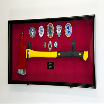 sfDisplay.com,LLC. Firefighter Fireman Axe Display Case Cabinet Holder - 98% UV Lockable (Black Wood Finish, Red Background + Lights)