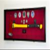 sfDisplay.com,LLC. Firefighter Fireman Axe Display Case Cabinet Holder - 98% UV Lockable (Black Wood Finish, Red Background + Lights) view 1