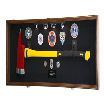 sfDisplay.com,LLC. Firefighter Fireman Axe Display Case Cabinet Holder - 98% UV Lockable (Walnut Wood Finish, Black Background)