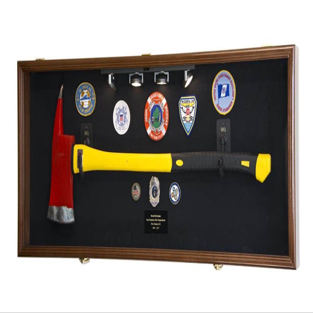 sfDisplay.com,LLC. Firefighter Fireman Axe Display Case Cabinet Holder - 98% UV Lockable (Walnut Wood Finish, Black Background)