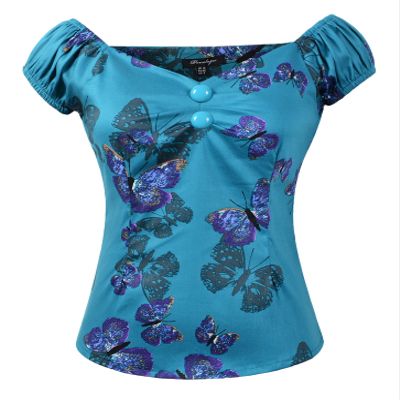 1950s Vintage Retro Dolores Top Rockabilly Pinup (US4, Butterfly&Turquoise)