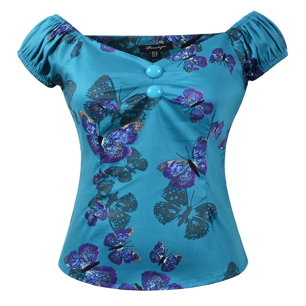 1950s Vintage Retro Dolores Top Rockabilly Pinup (US4, Butterfly&Turquoise)