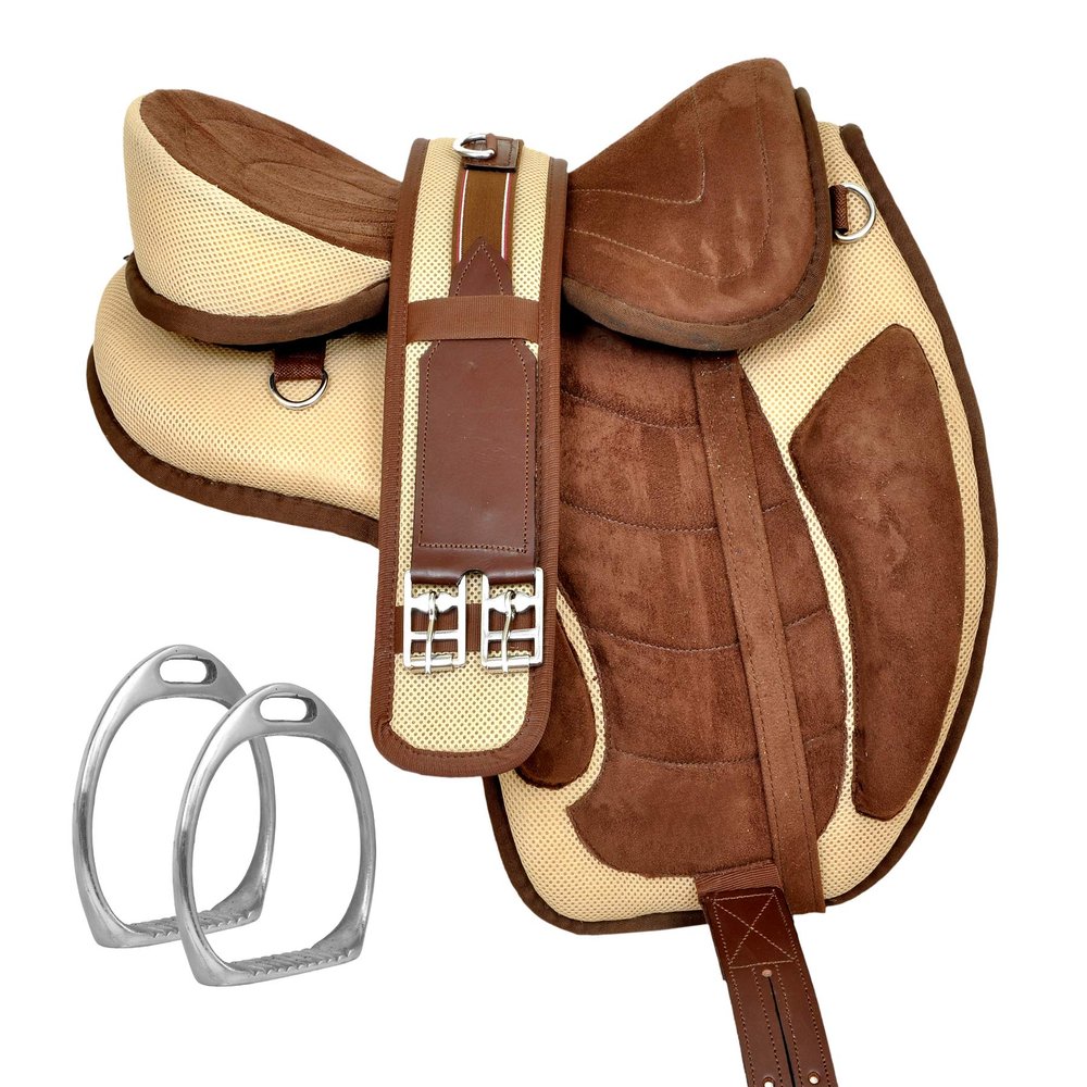 Y&Z Enterprises All Purpose Synthetic Treeless Freemax English Horse Saddle Tack Get Matching Girth & Strap (17.5 Inch Seat, Beige Brown)