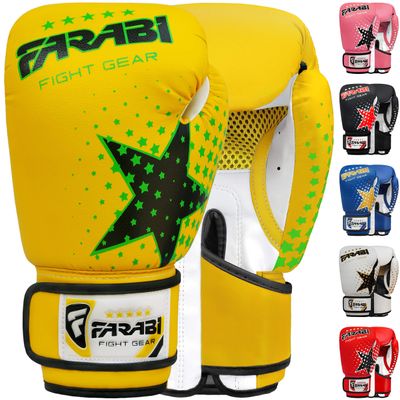 Farabi Boxing Gloves Kids Junior Muay Thai Kick Boxing Training MMA Punching Bag (6OZ, Yellow Star)