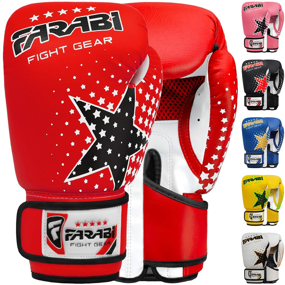 Farabi Boxing Gloves Kids Junior Muay Thai Kick Boxing Training MMA Punching Bag (6OZ, Red Star)