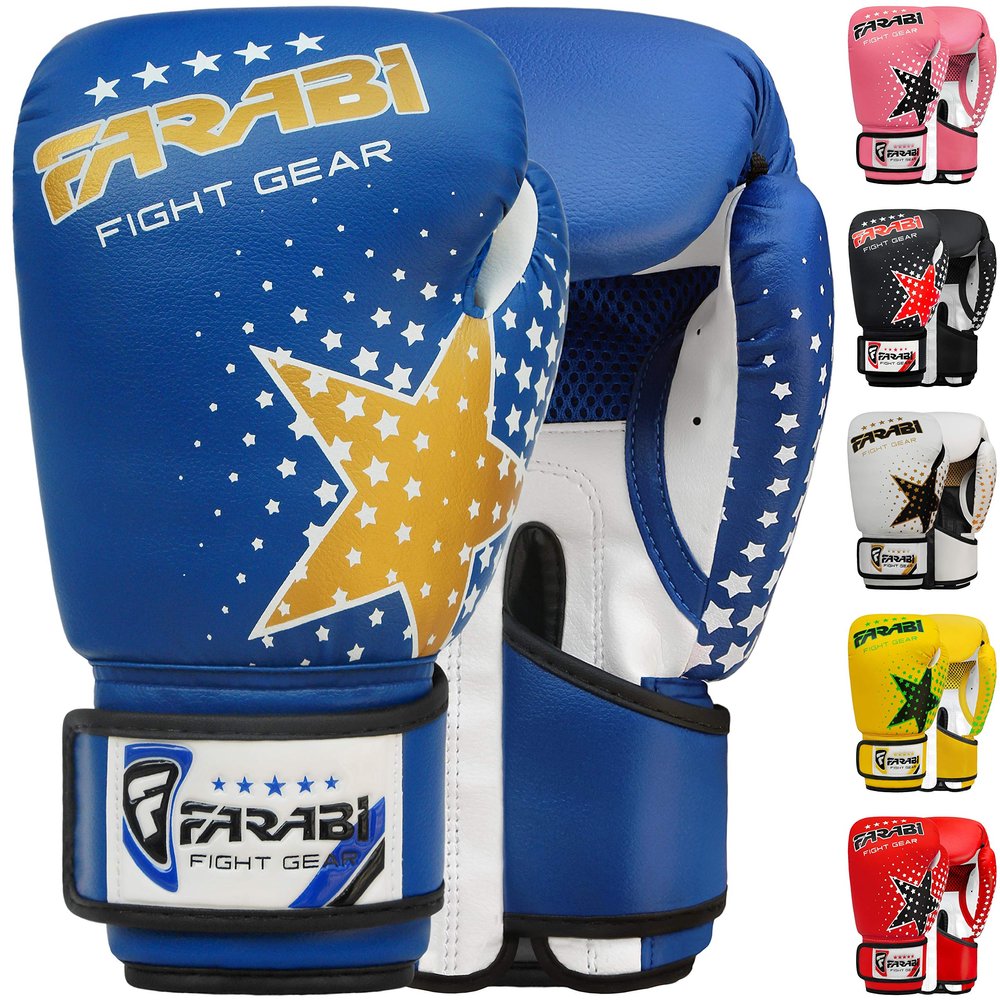 Farabi Boxing Gloves Kids Junior Muay Thai Kick Boxing Training MMA Punching Bag (6OZ, Blue Star)