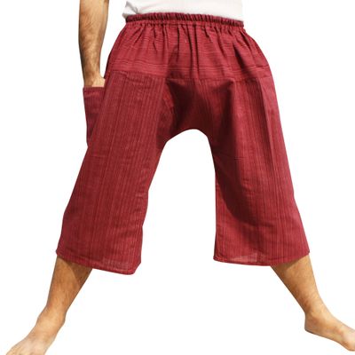 RaanPahMuang Sadaw Baggy Elastic Waist 3/4 Leg Length Pants Mixed Cottons, Medium, Striped Cotton - Dark Red