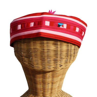 RaanPahMuang Brand Lisu Hill Tribe Crafted Taqiyah Islam Hat Kufi Cap, Medium, Multi - Pink